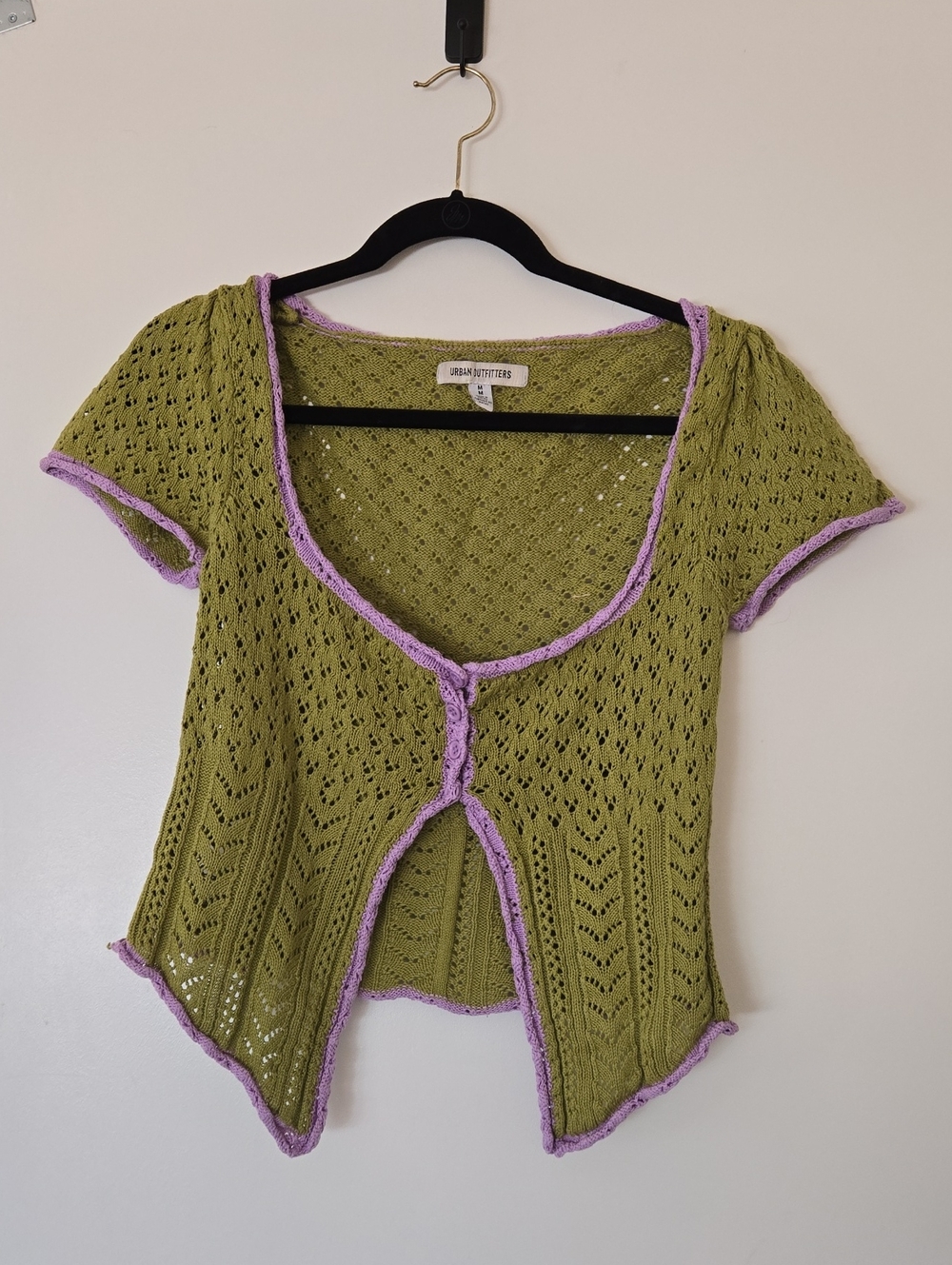 Green Knit Short-Sleeve Cardigan with Lilac Trim - Women Sweater